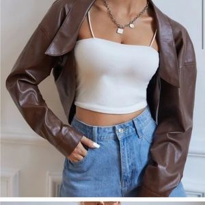 Cropped open front leather jacket